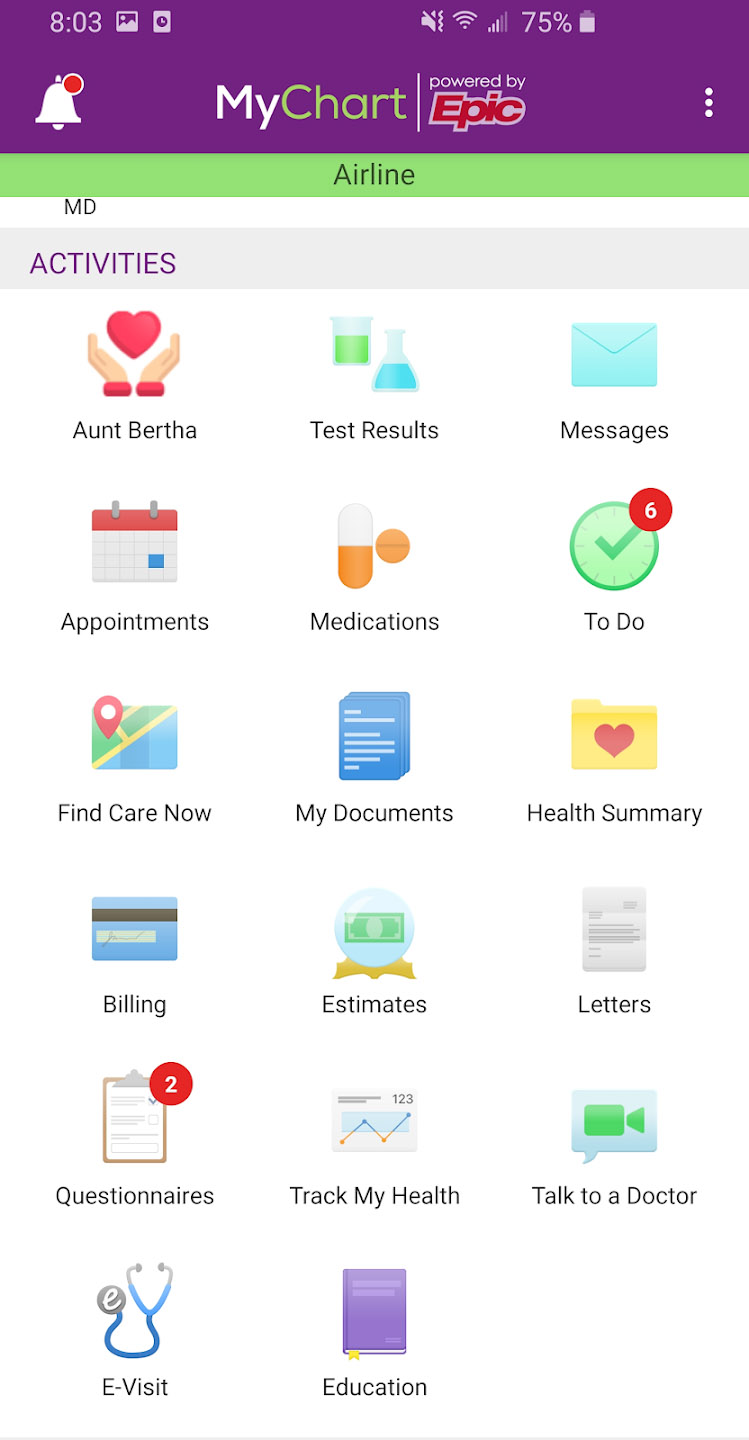 Mobile device view of MyChart application